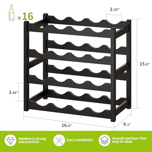 Bamboo Wine Rack Wine Storage Cabinet Shelf 16 Bottle Wine Racks Countertop Sturdy for Kitchen Dining Room Pantry