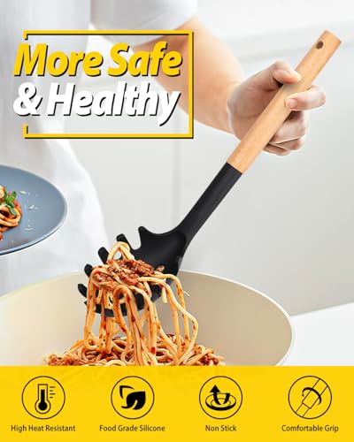 Silicone Pasta Fork and Ladle Spoon Set with Wooden Handle (2 Count)