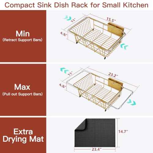 Gold Dish Drying Rack in Sink with Mat