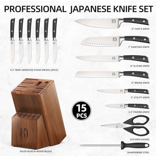 15 Pcs Japanese Knife Set with Sharpener