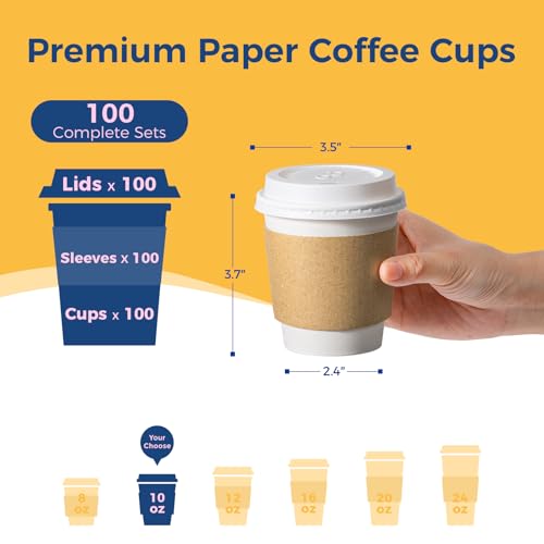 100 Pack 10 oz Disposable Coffee Cups with Lids (100 Count)