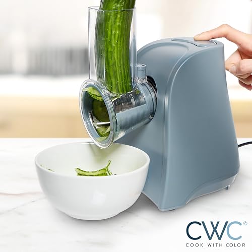 5-in-1 Electric Slicer, 150W Food Prep Machine – Parmesan Shredder, Fine & Coarse Graters, Potato Grater, Vegetable Slicer, Compact Design for Bowl Prep, Blue/Grey