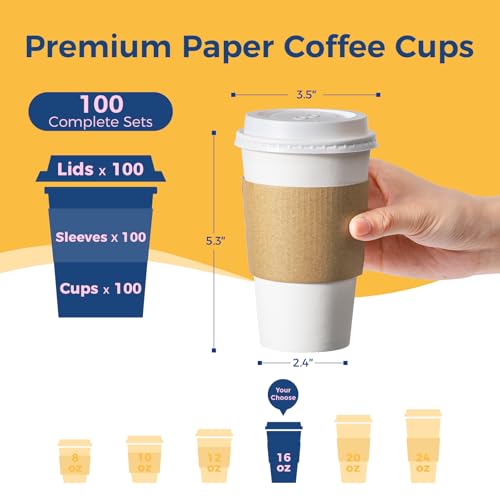100 Pack 16 oz Disposable Coffee Cups with Lids (100 Count)