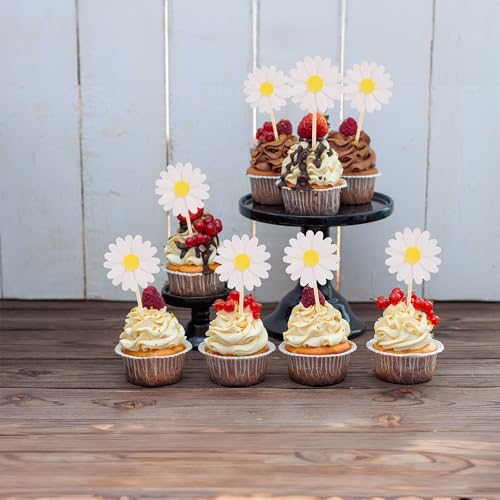 24Pcs Daisy Cupcake Toppers Flower Cake Topper Decorations Daisy Cake Decorations Chrysanthemum Cupcake Toppers Spring Daisy Flower Cake Picks for Birthday Wedding Supplies White (24 Count)