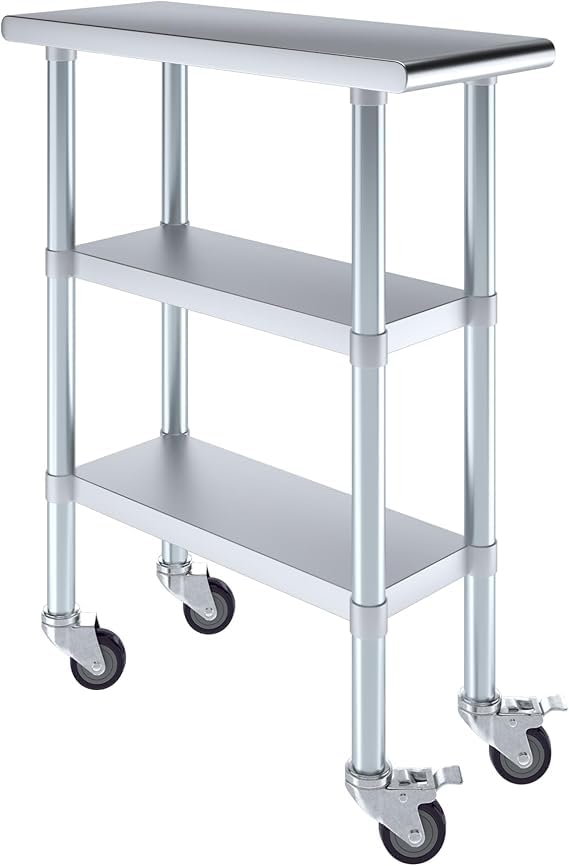 Stainless Steel Work Table with 2 Shelves and Casters