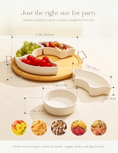 Ceramic Divided Serving Dishes with 360°Rotatable Bamboo Tray and Handles