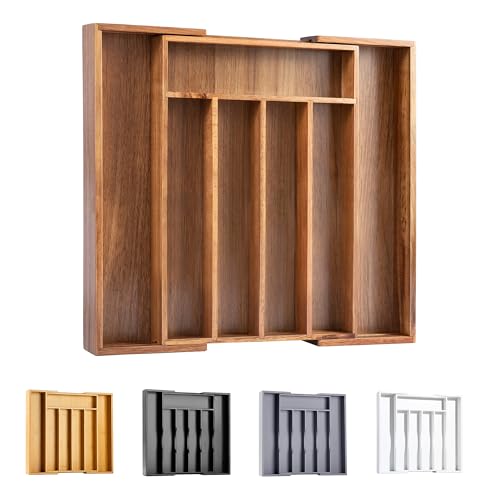 Acacia Silverware Organizer Kitchen Drawer Organizer Expandable Bamboo Utensil Holder Cutlery Tray for Kitchen Utensil and Flatware Bedroom Office