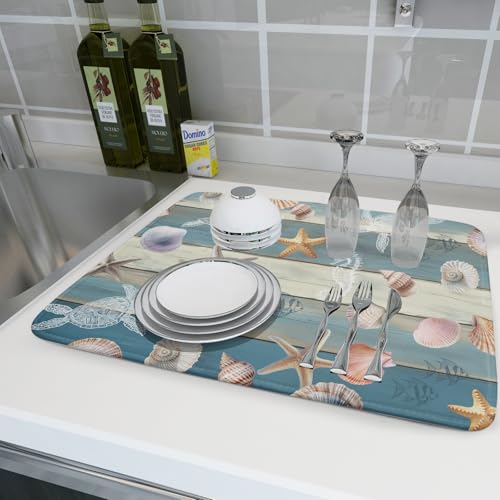 Coastal Starfish Dish Drying Mat Summer Sea Turtle Drainer Rack Mat Absorbent Microfiber Kitchen Countertop Protector Dishes Pad 18x24 inch