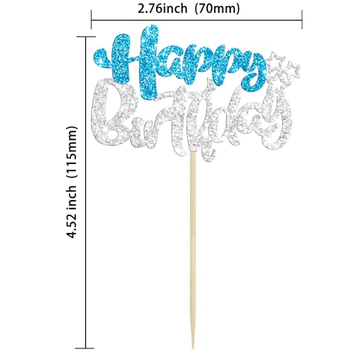 24Pcs Happy Birthday Cupcake Toppers Double Layer Glitter Happy Birthday Cake Decorations for Winter Wonderland Baby Shower Theme Anniversary Party Decorations Supplies Blue Silver (24 Count)
