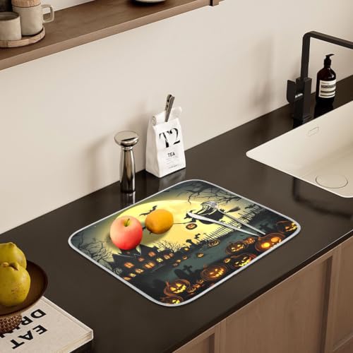 Halloween Night Pumpkins Witch Dish Drying Mat for Kitchen Counter Absorbent Microfiber Large Drying Pad Dish mats for Kitchen Countertops 18 x 24 Inch