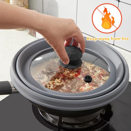 Microwave Splatter Cover Vented Glass Splatter Guard Lid with Collapsible Silicone for Food as Pot Cover 11.8 inch Large Plate for 6 7 8 9 10 11 inch Plate Bowl Light Grey