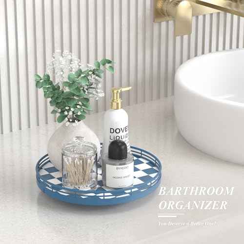 Blue and White Checkerboard Lazy Susan with Rubberwood Base and Metal Rail