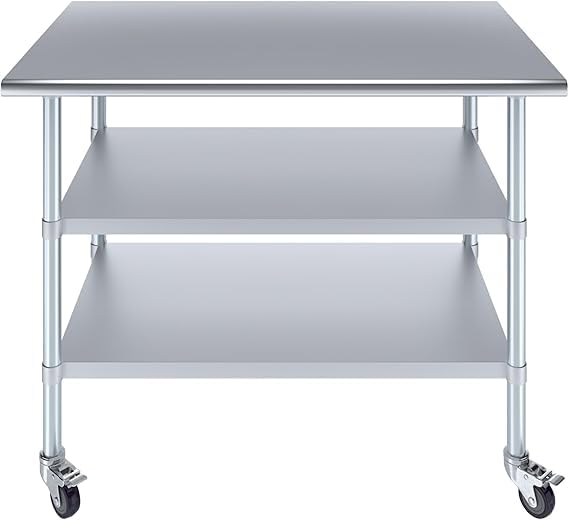 Stainless Steel Work Table with 2 Shelves and Casters