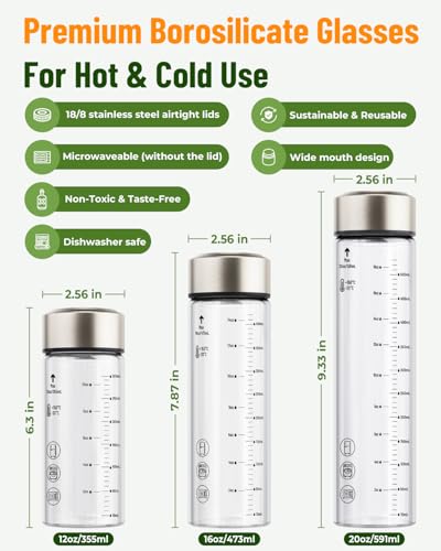20oz Wide Mouth Glass Juice Bottles With Stainless Steel Lids 4 Pack (4 Count)