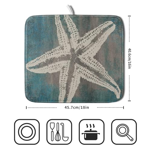Vintage Starfish Dish Drying Mat Coastal Beachy Nautical Drainer Rack Mat 16"x18" Absorbent Washable Dish Dry Pad for Kitchen Counter Sink