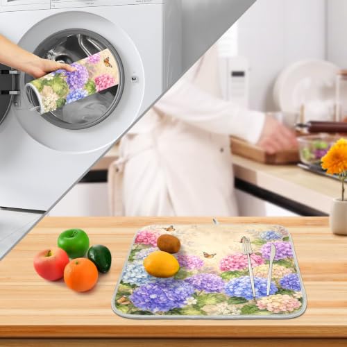 Vintage Flowers Spring Summer Dish Drying Mat for Kitchen Counter Absorbent Microfiber Hydrangea Butterfly Large Drying Pad Dish mats for Kitchen Countertops 18 x 24 Inch