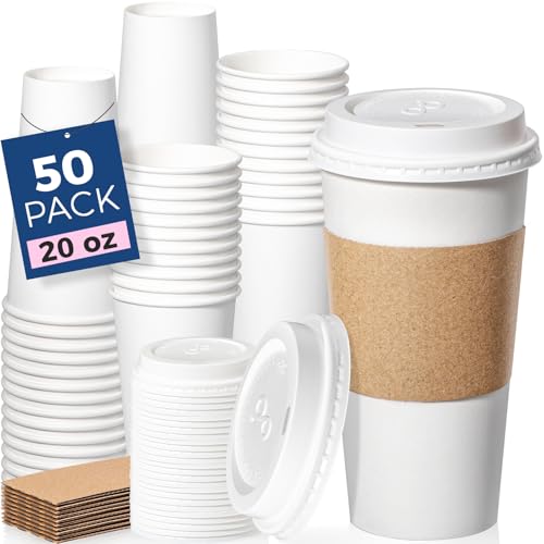 50 Pack 20 oz Disposable Coffee Cups with Lids