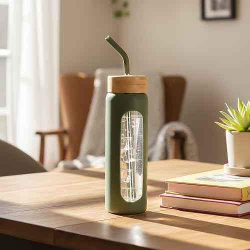 24 oz Glass Water Bottle with Straw and 2 Lids
