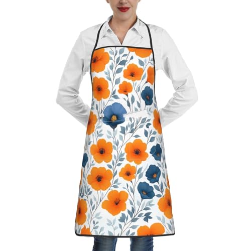Burnt Orange and Blue Floral Waterproof Kitchen Aprons Polyester Chef Bib Apron with Pockets for Women Men