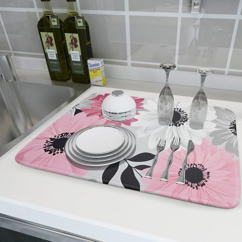 Blossom Florals Dish Drying Mat Abstract Daisy Flower Drainer Pad Absorbent Dish Rack Mats for Coffee Bar 18 X 24 Inch