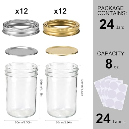 Mason Jars 8 oz 24 Pack Canning jars 8oz with Regular Lids and Bands (24 Count)