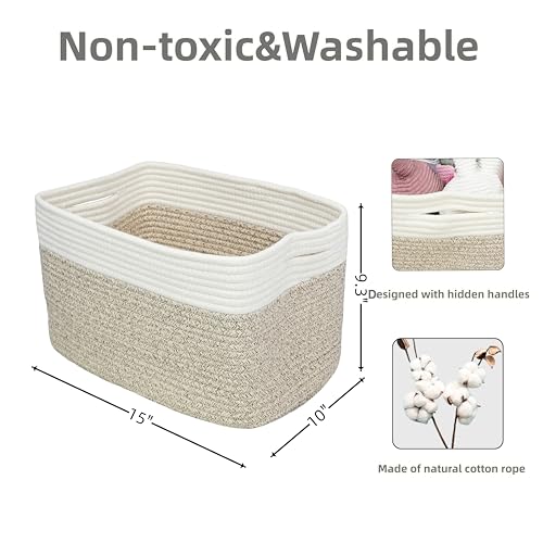 Woven Cotton Rope Storage Baskets 15x10x9.3" 3 Pack White and Brown