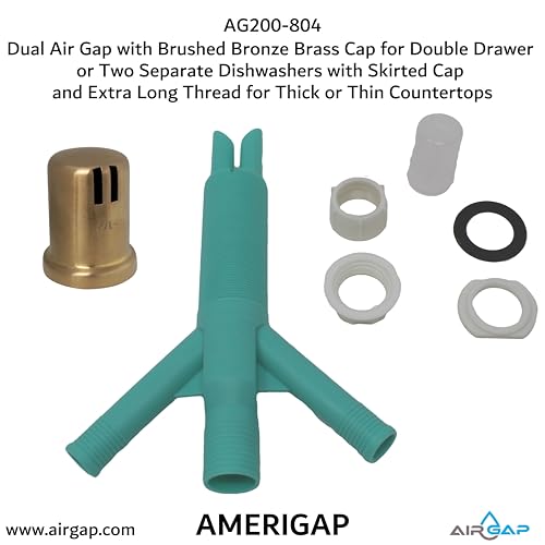 Dual Air Gap with Brushed Bronze Brass Cap for Double Drawer or Two Separate Dishwashers with Skirted Cap and Extra Long Thread for Thick or Thin Countertops