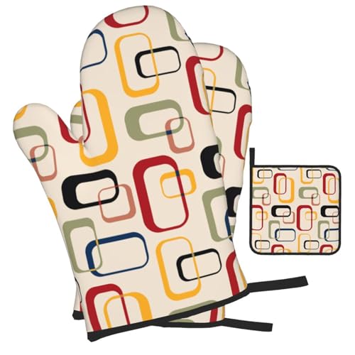 Mid Century Modern Retro Oven Mitts and Pot Holders Sets of 3 Vintage Decorative Heat Resistant Non Slip BBQ Gloves for Cooking Grilling Baking Kitchen Decor (3 Count)