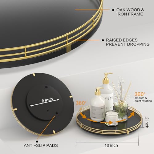 13 Inch Oak Lazy Susan Vanity Tray with Gold Metal Rail
