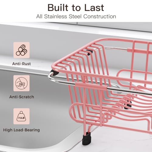 Pink Dish Drying Rack in Sink with Utensil Holder