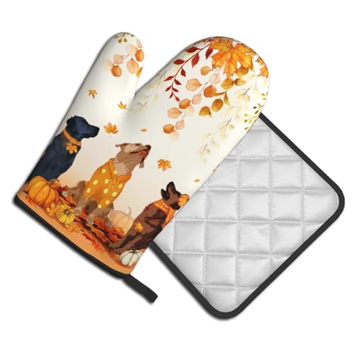 Fall Dogs Oven Mitt Potholders Sets Autumn Leaves Heat Resistant Oven Glove Set of 2 Holiday Kitchen Hot Pads for Cooking Baking Grilling