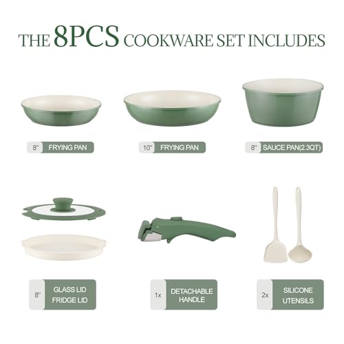 Ceramic Cookware Set Non Stick 8Pcs Pots and Pans Set Detachable Handle Induction Kitchen Cooking Set with Frying Pans Oven Dishwasher Safe