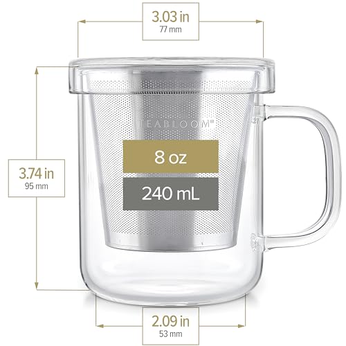 Premium Borosilicate Glass Mug with Stainless Steel Loose Leaf Tea Infuser and Lid