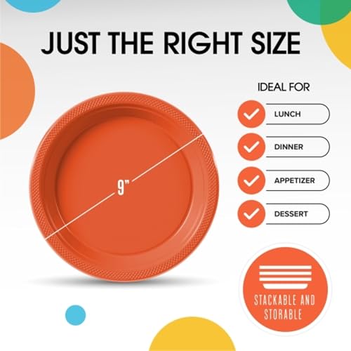 Sturdy Orange Plastic Plates 9" Party Plates 100 Pcs (100 Count)