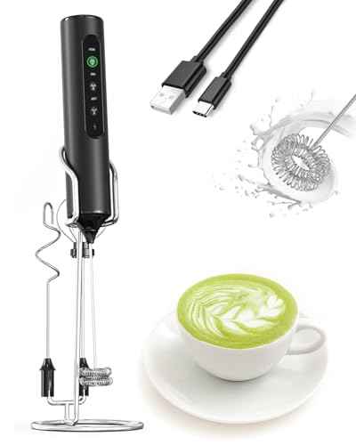 3-in-1 Electric Milk Frother with Stand, Rechargeable LED Display & 3 Speeds - Portable Whisk for Coffee, Protein Shakes, Baking - Makes Latte, Cappuccino, Matcha Foam -Blk (Rechargeable with stand)