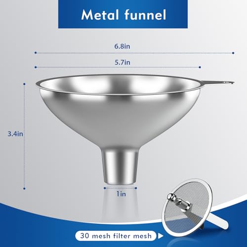 Stainless Steel Funnel with 30 Mesh Filter Food Grade Metal Funnel for Kitchen