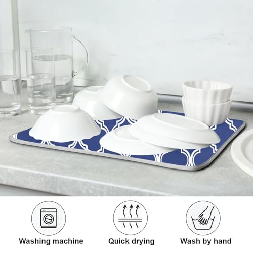 Navy Blue Trellis Lattice Dish Drying Mat for Kitchen Counter Absorbent Microfiber Drying Pad