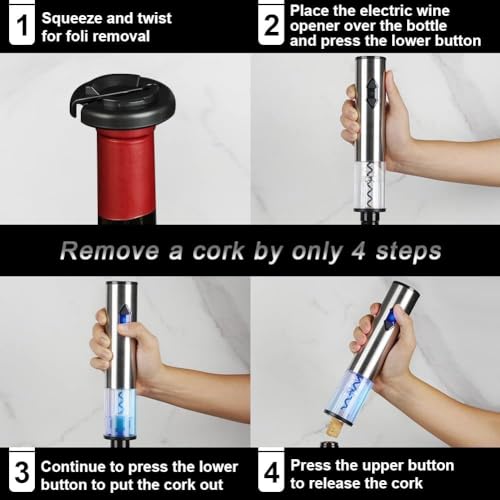 5-in-1 Electric Wine Opener Gift Set Stainless Steel Electric Wine Bottle Opener Battery Operated Corkscrew with Foil Cutter, Wine Pour, Wine Stopper and Storage Base, Silver