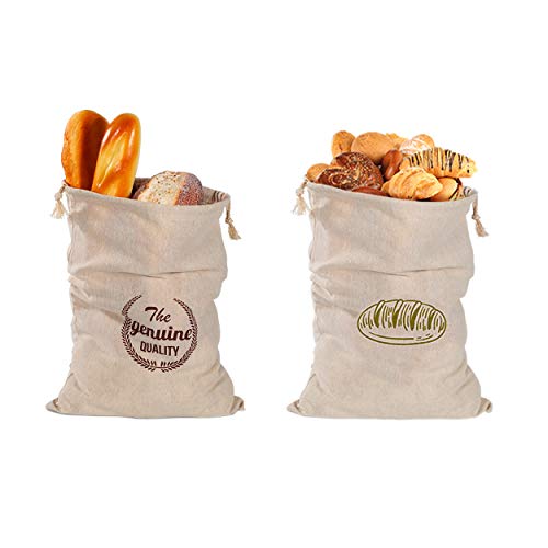 Natural Linen Bread Bags 2Pack 100% Flax Linen for Homemade Bread Reusable Food Storage Bags Reusable Bread Bags for Large Loaf Bakery & Baguette (2 Count)