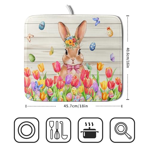 Easter Bunny Dish Drying Mat 16x18 inch Eggs Floral Fast Drying Pad Washable Reversible Microfiber Dish Drainer Mats for Kitchen Counter