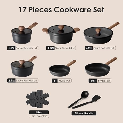 Nonstick Pots and Pans Set 17pcs Matte Black