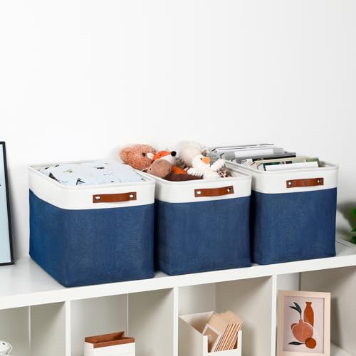 Large Storage Baskets with Leather Handles for Linen Closet and Home Office (3 Count)