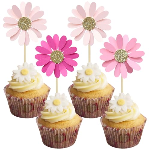24Pcs Daisy Cupcake Toppers Flower Cake Topper Decorations Daisy Cake Decorations Chrysanthemum Cupcake Toppers Spring Daisy Flower Cake Picks for Birthday Wedding Supplies Rose Red Pink (24 Count)