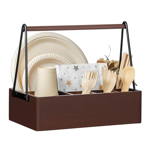 Silverware Caddy with Handle Acacia Wood Utensil Holder Paper Plate Holder