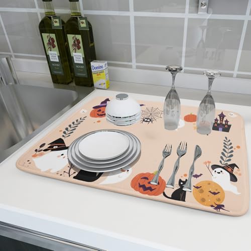 Fuuny Ghost Dish Drying Mats Holiday Decor Drying Pad Black Cat Drainer Rack Mats for Coffee Bar 18 X 24 Inch
