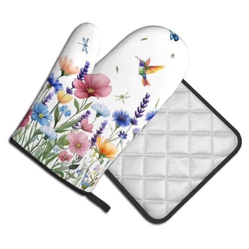 Spring Floral Oven Mitts and Pot Holder 2Pcs Hummingbird Flower Heat Resistant Kitchen Glove Washable Potholder for Baking Cooking Grilling