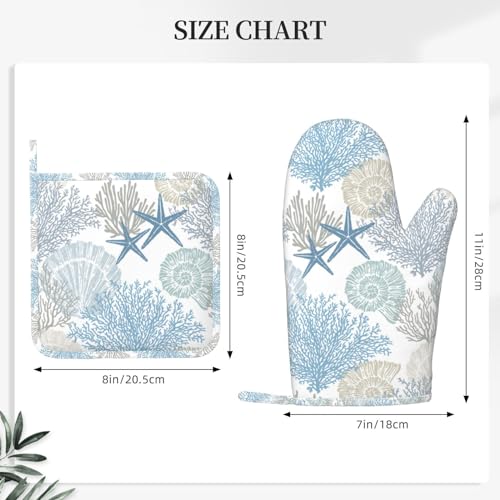 Nautical Coastal Oven Mitts and Pot Holders Sets Silicone Starfish Seashell Coral Beach Themed Kitchen Mitts Potholders Heat Resistant 4Pcs Ocean Oven Gloves Hot Pads for BBQ Grilling (4 Count)