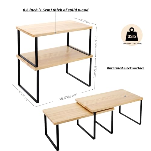 Large Cabinet Shelf Organizers Solid Wood Spice Rack Organizer for Cabinet Kitchen Countertop Storage (2 Set)