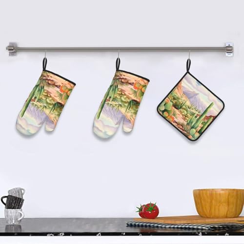 Desert Cactus Oven Mitts and Pot Holders Sets of 3 Heat Resistant Oven Gloves Hot Pads Non (4.33 Count)