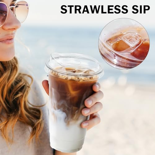 100 Pack 24 oz Clear Plastic Cups with Sip Lids (100 Count)